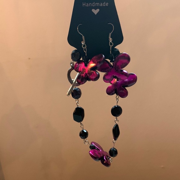 ✨ Handmade Pink Fushsia Butterfly & black beads Bracelet & Earrings Set ✨ - Picture 7 of 9